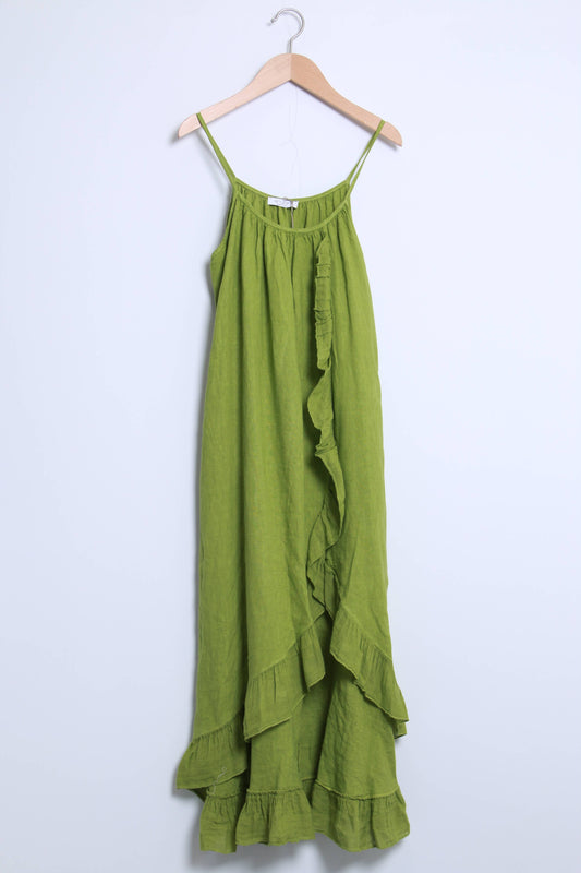 Ruffled linen dress : 100% linen / Olive / One size- S to M