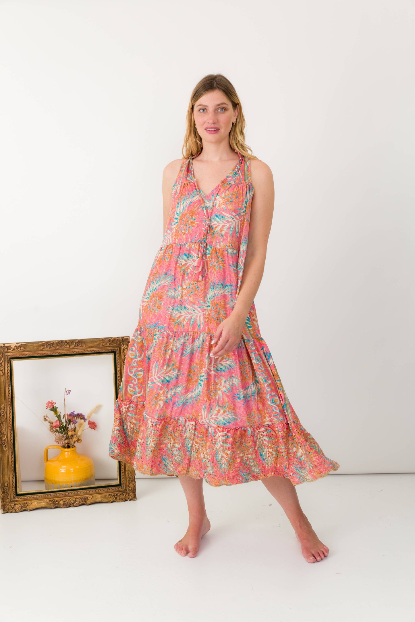 3/4 Long silk dress with embroidery anglaise-One size