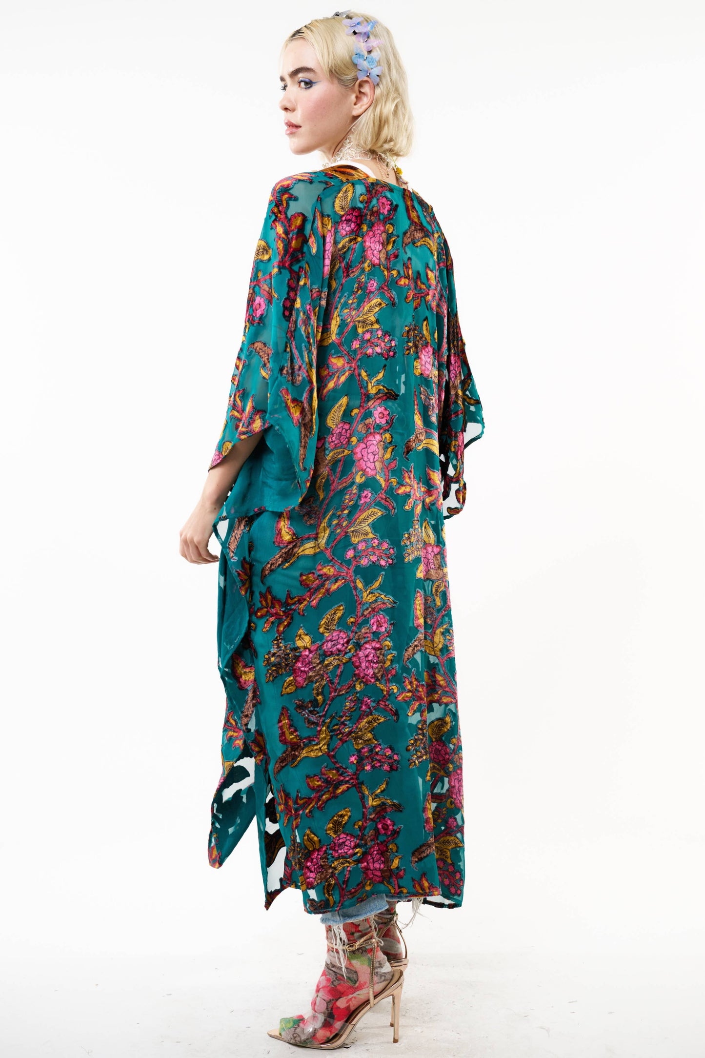 Holiday Jewels Maxi Kimono: Teal / One Size