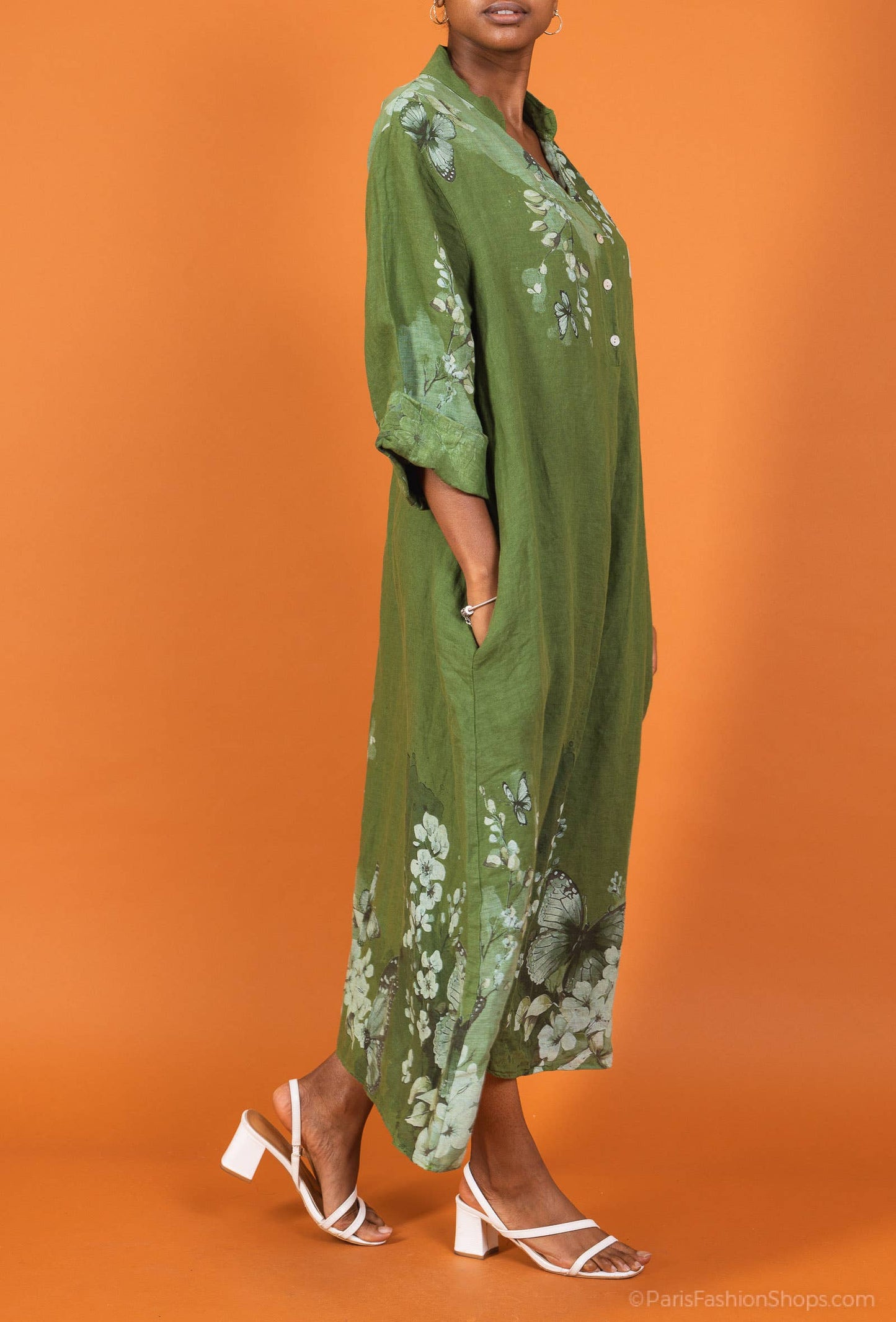 Floral linen dress: 100% linen / Olive / One size fits M to L