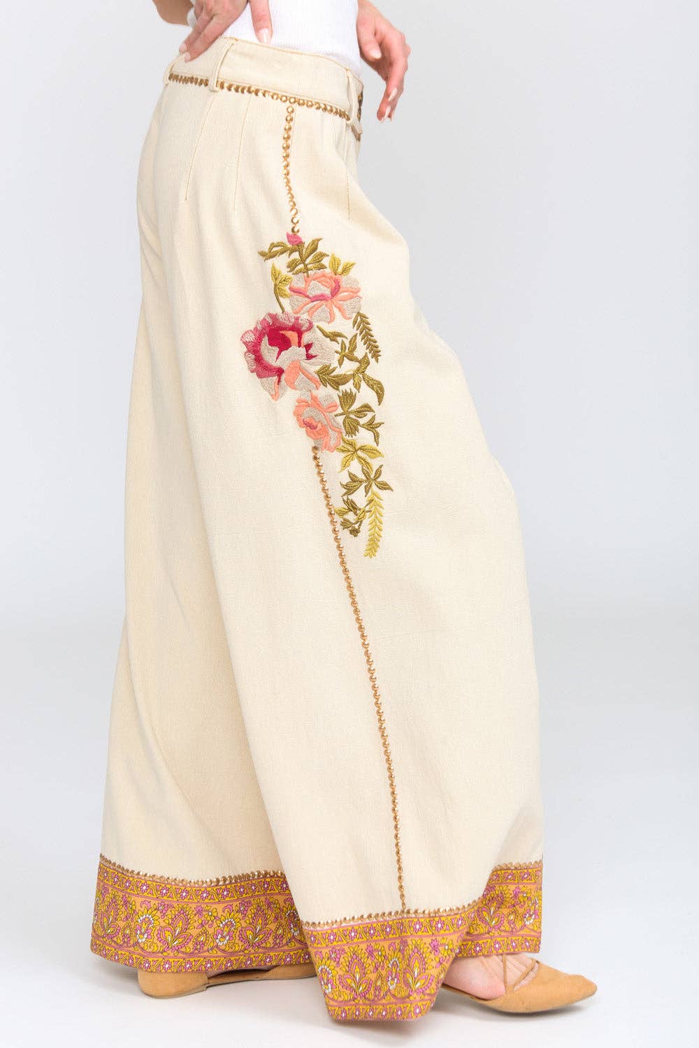 Time To Shine Denim Pants | Wide Leg Pants | Floral Pants: Cream / Small
