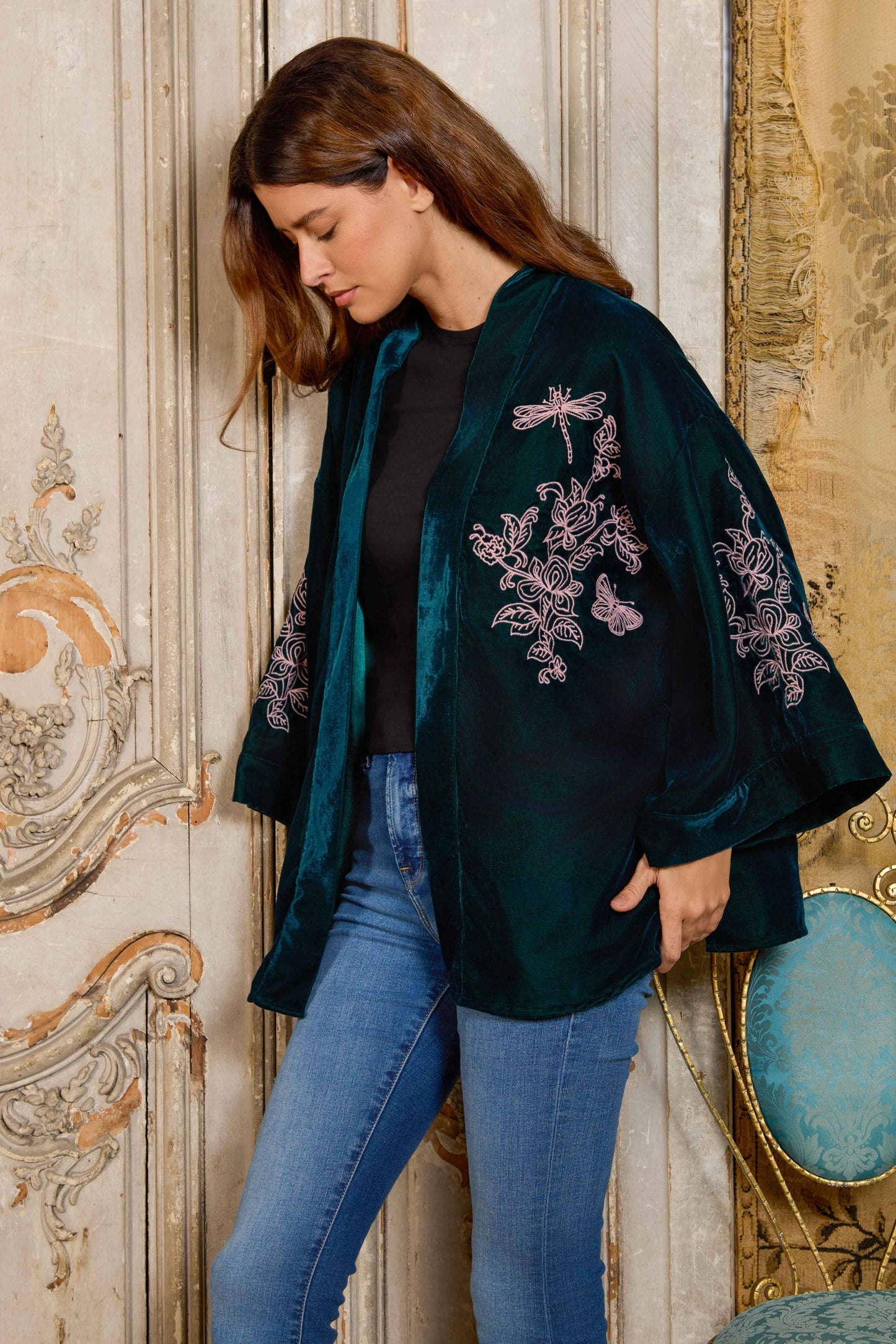 Wild Flowers & Butterflies Teal & Pink Velvet Embroidered Short Kimono: One size