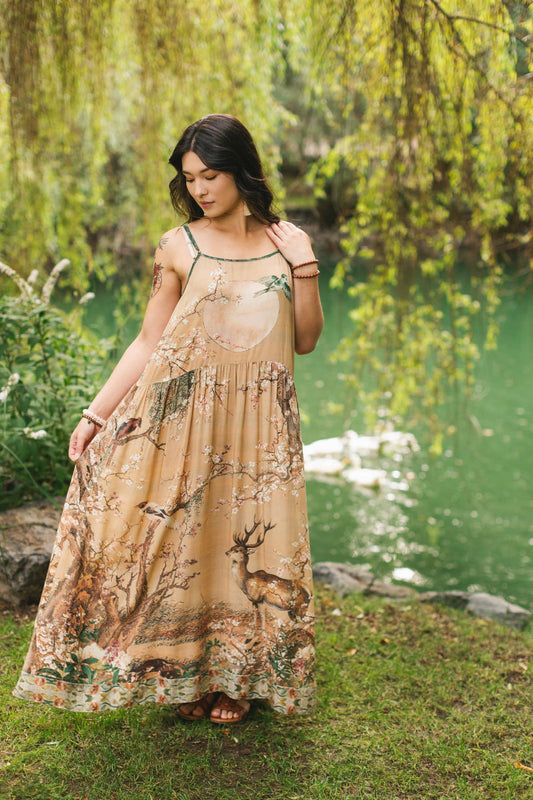 Fable Bohéme Long Maxi Slip Dress w/ Blossoms, Deer & Moon: L/XL (fits approx. size 12-14