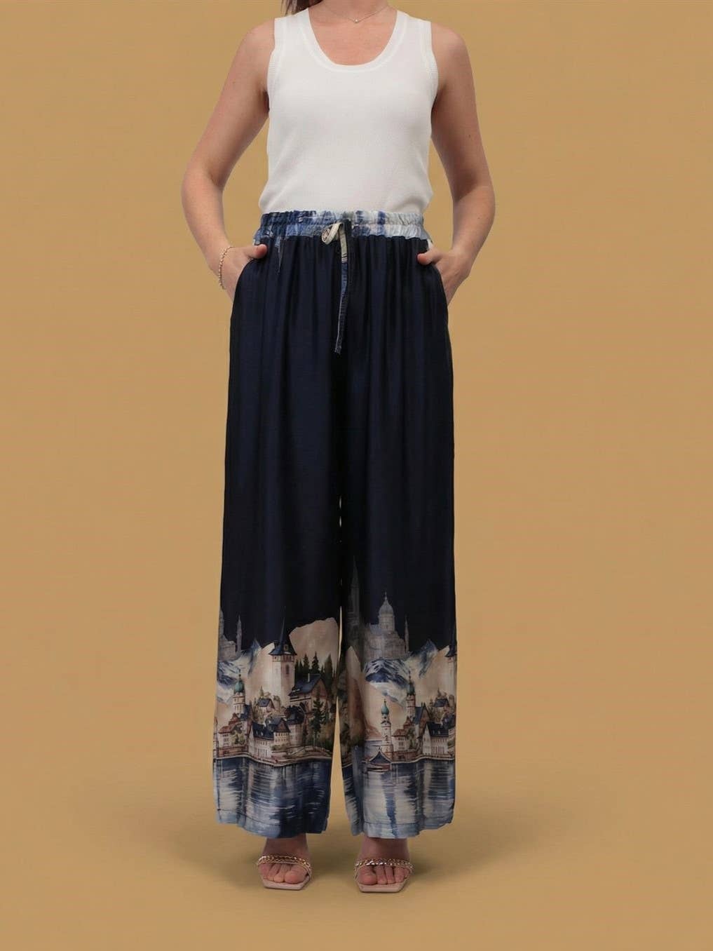Italian Satin landscape print satin trousers  Navy Blue