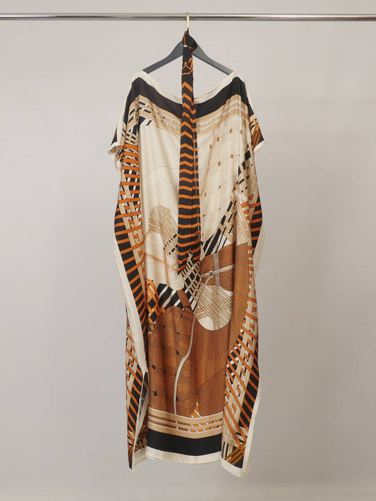 Print satin dress with belt: TAUPE/BLACK- One Size