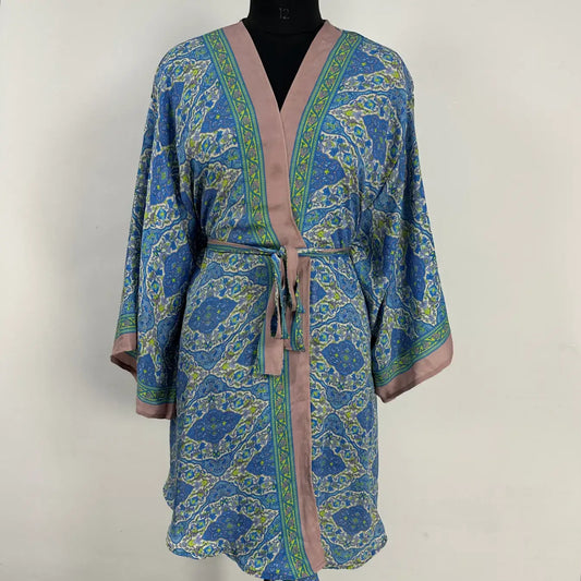 Recycle Silk Sari Short Kimono Boho Loungewear Beach Coverup