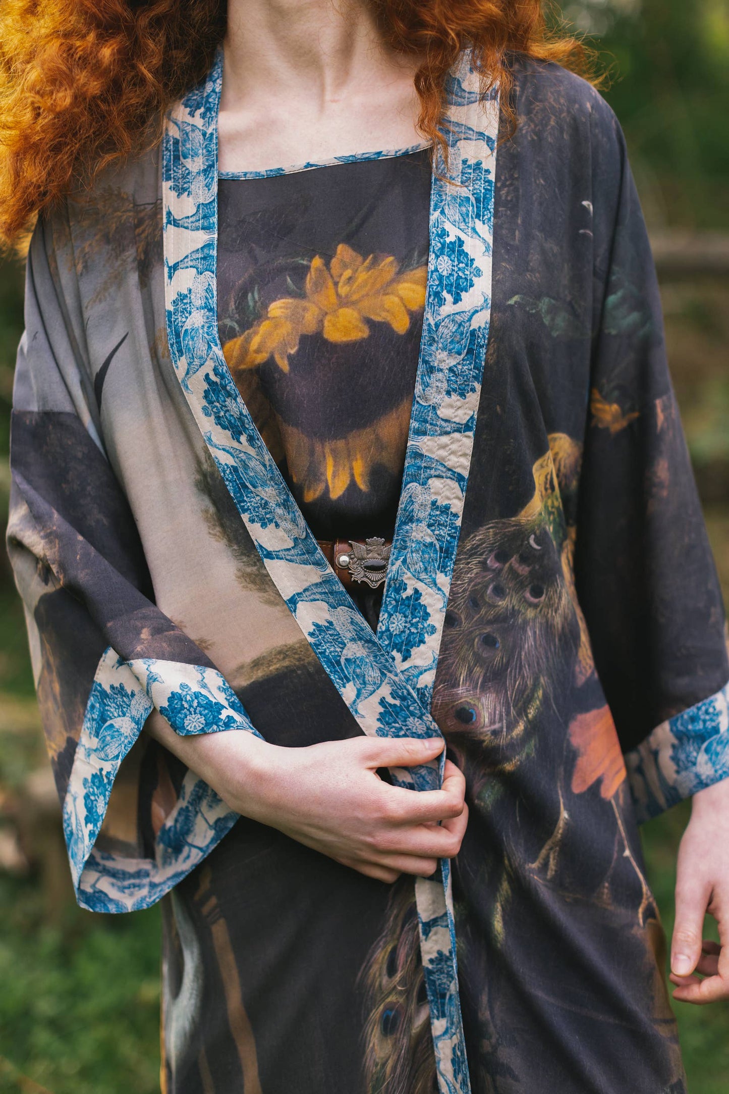Wild Beauty Bamboo Kimono Duster Robe with Peacock Print- One Size