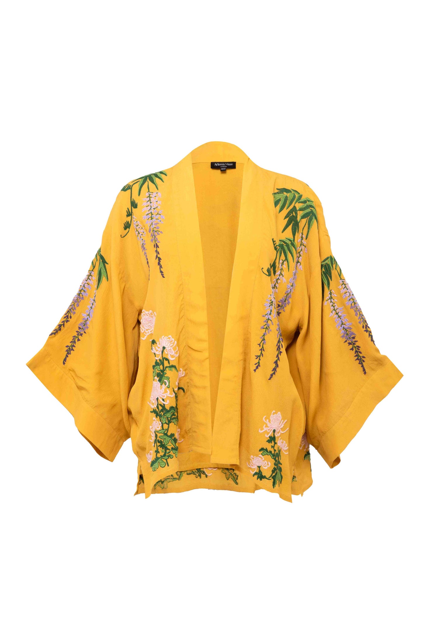 Wisteria & Chrysanthemum Embroidered Mustard Fully Lined Short Kimono: One Size