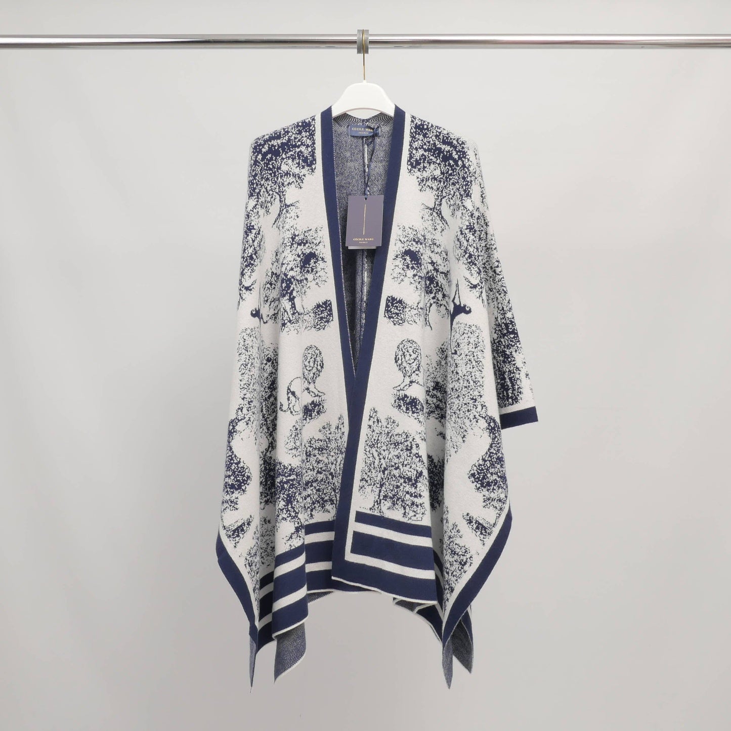 Long cardigan in landscape jacquard knit –: Navy
