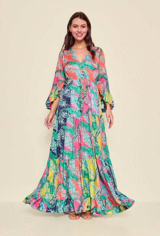 Bohemian tropical print silk long dress