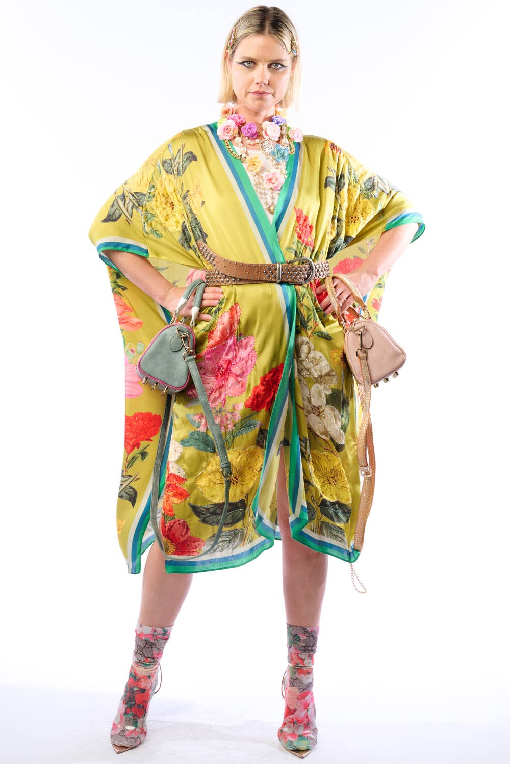 French Riviera Hand-Beaded Kimono / Topper: Olive Floral / One Size