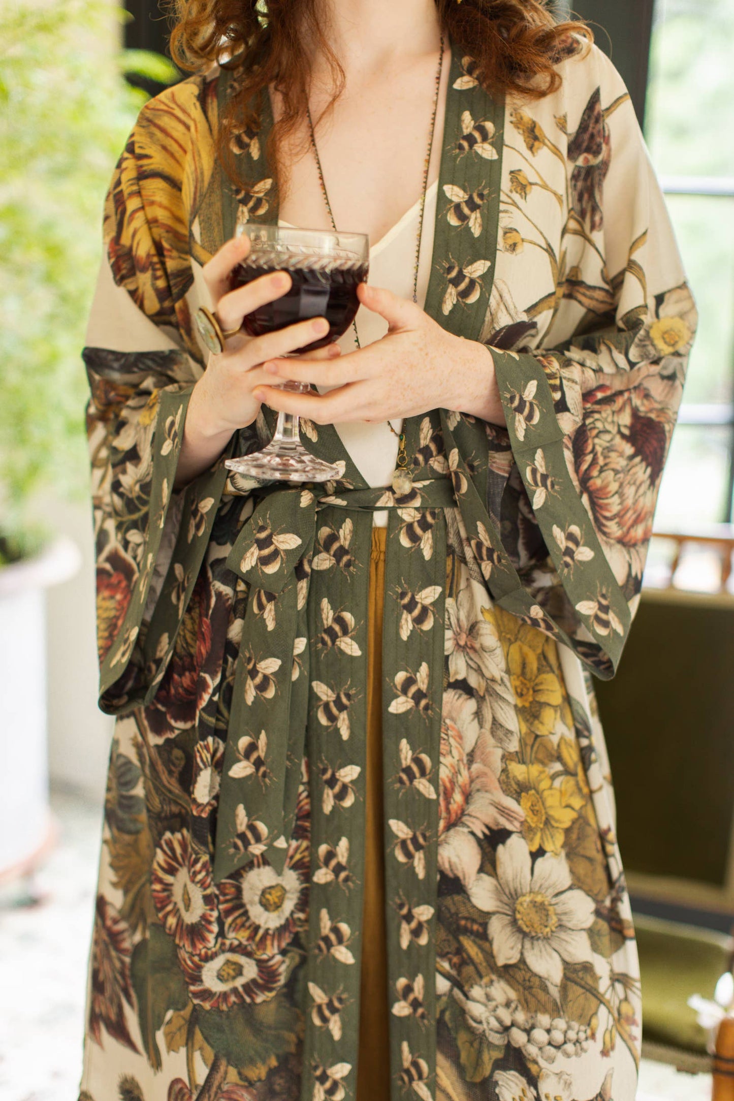 Love Grows Wild Floral Bamboo Kimono Duster Robe with Bees