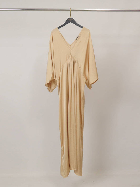 Satin V-neck dress CAMEL - One Size