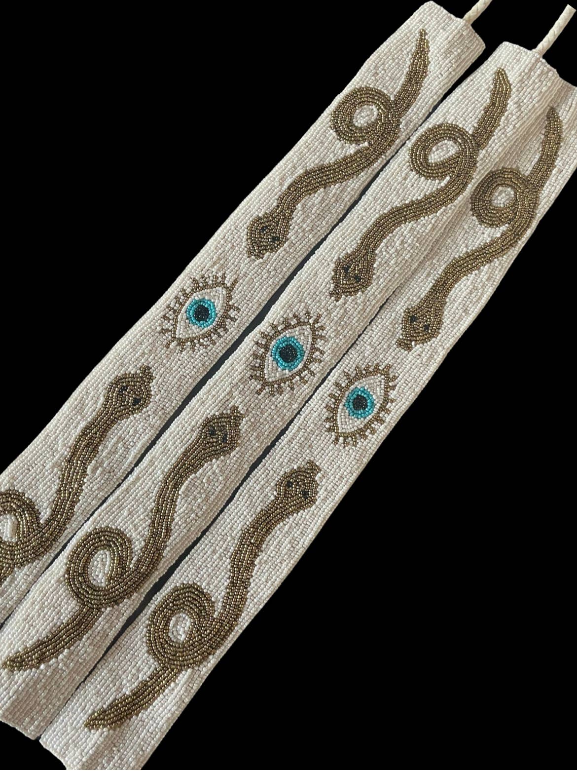 Hand beaded evil eye n snake Hat Band or belt (White)