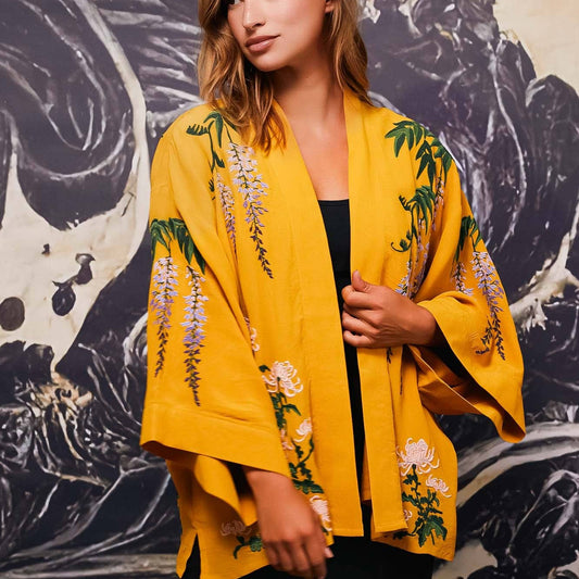 Wisteria & Chrysanthemum Embroidered Mustard Fully Lined Short Kimono: One Size
