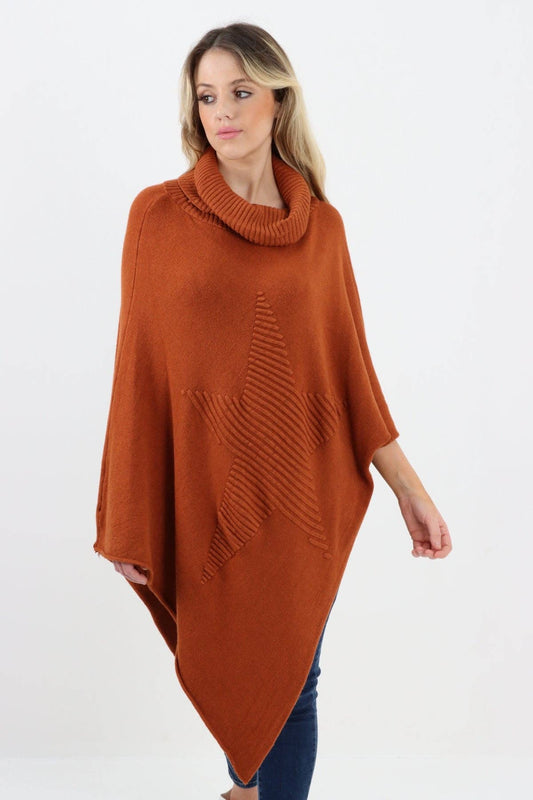Italian Knitted Star Cowl Neck Poncho: Rust / One Size