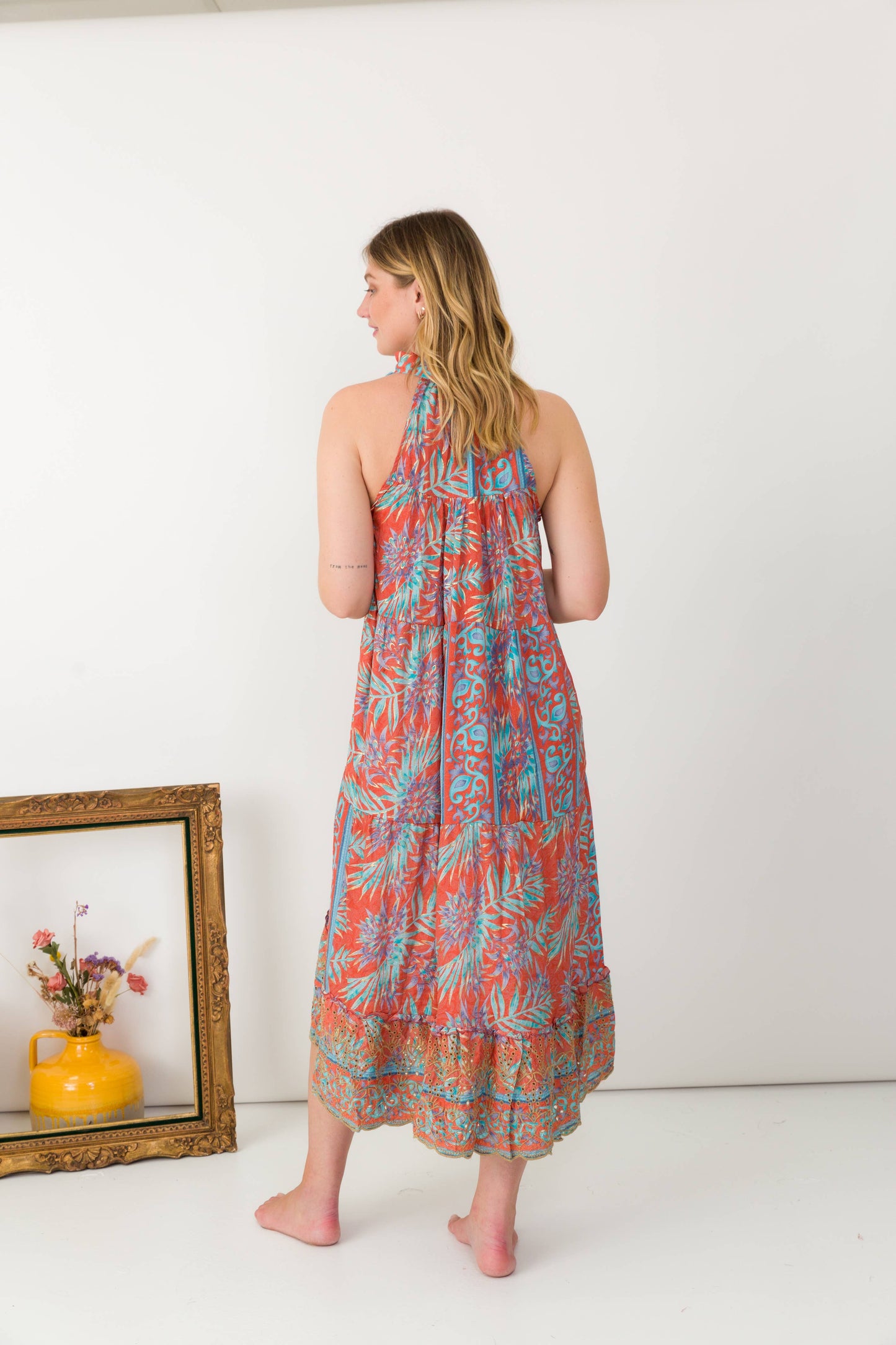 3/4 Long silk dress with embroidery anglaise-One size