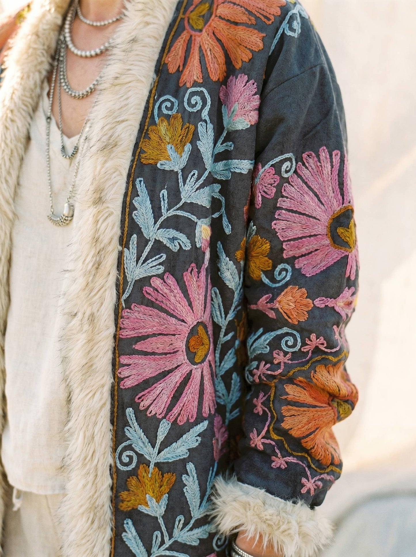 Embroidered LongCoat Velvet Faux-Fur Trim 70s Style