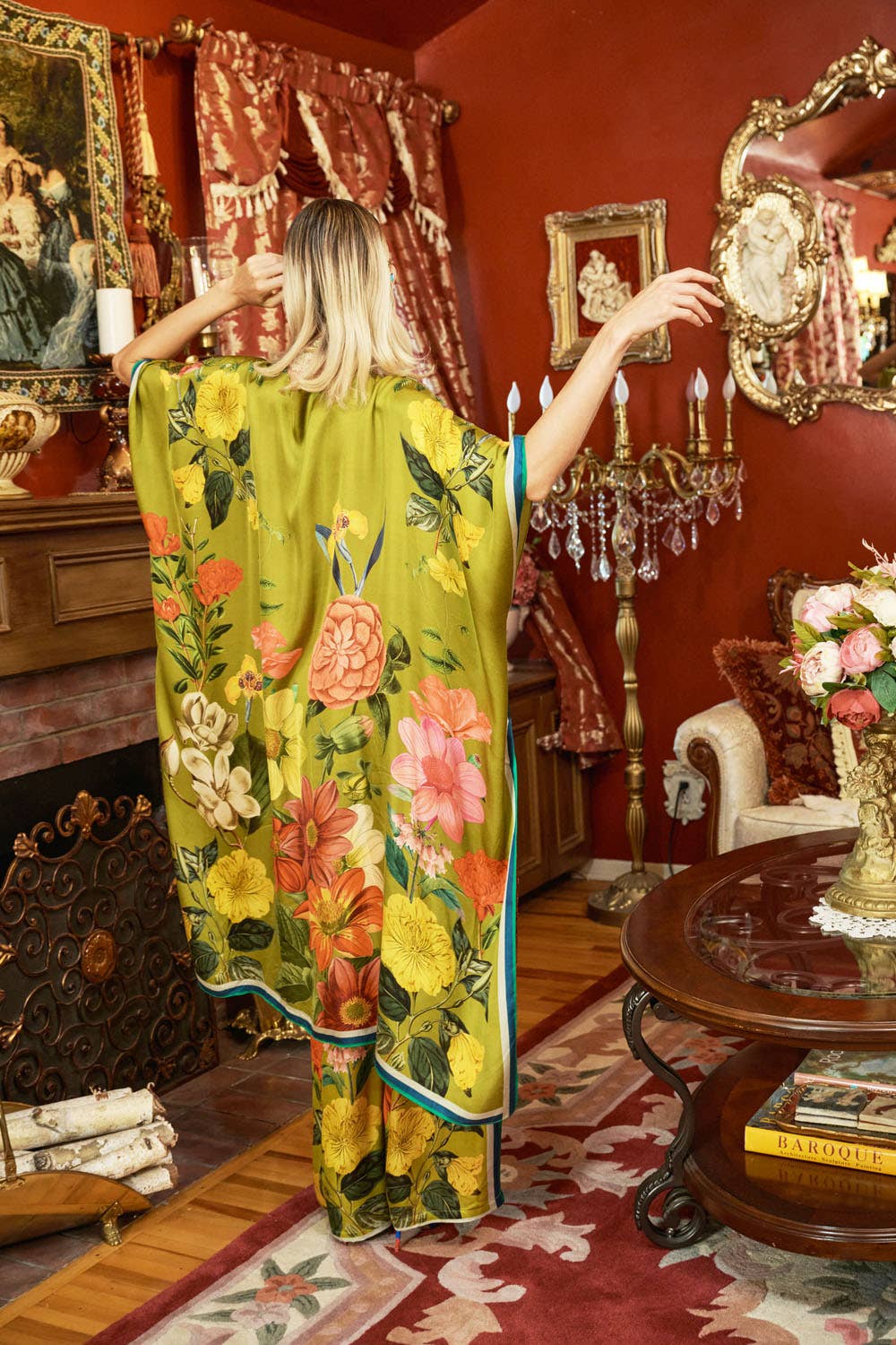 French Riviera Hand-Beaded Kimono / Topper: Olive Floral / One Size