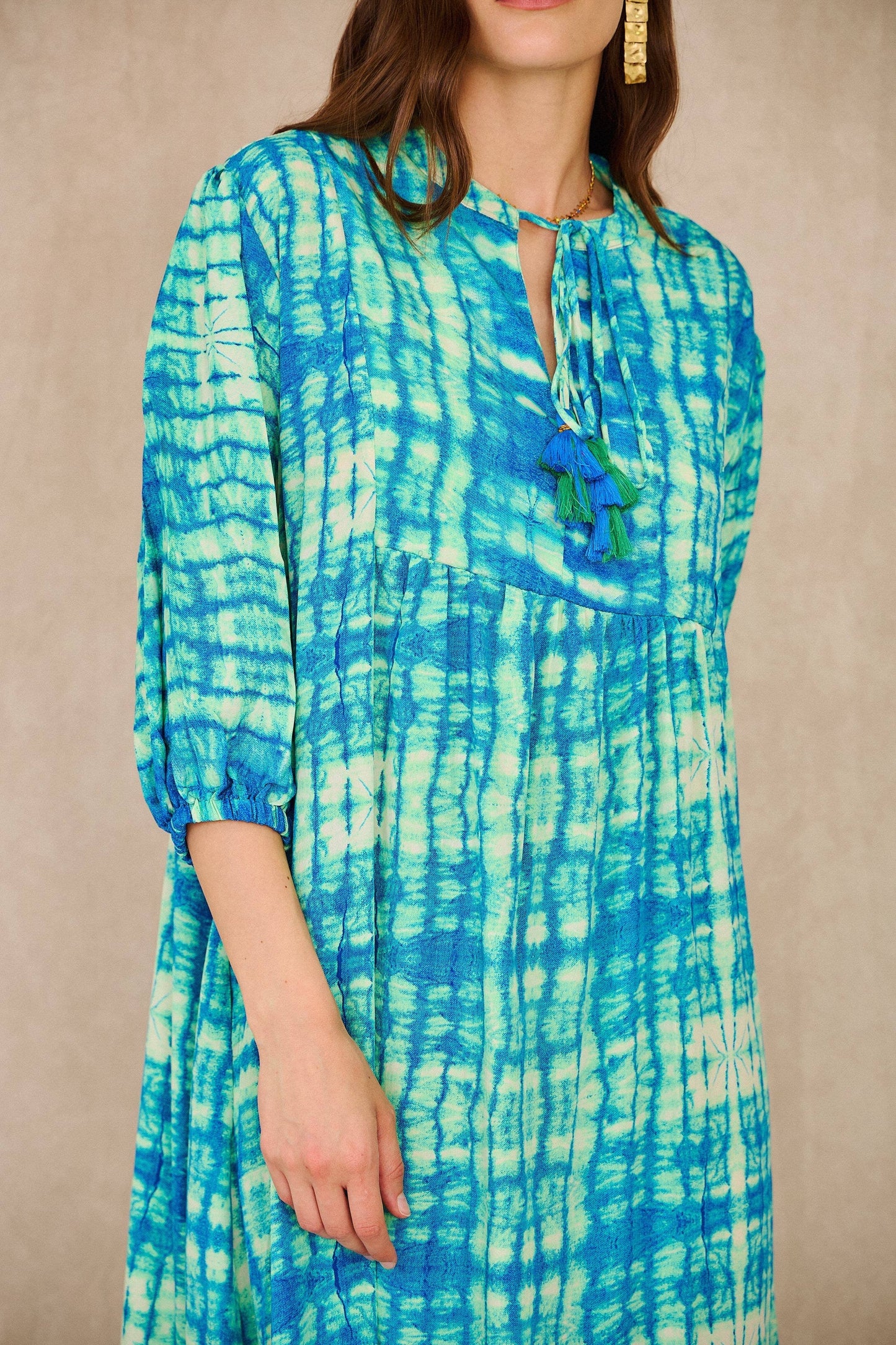 Patterned Aqua silk long dress -One size