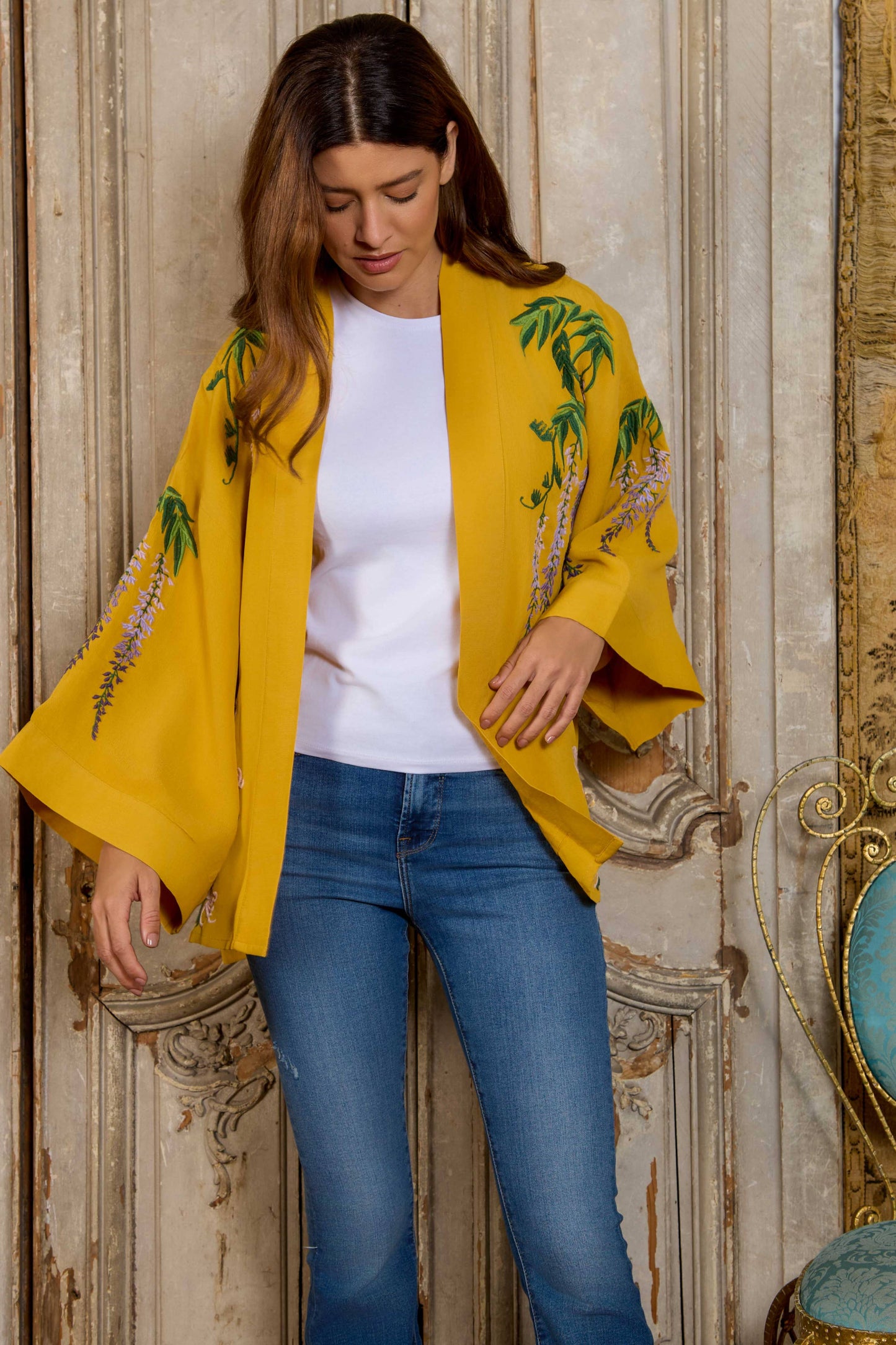 Wisteria & Chrysanthemum Embroidered Mustard Fully Lined Short Kimono: One Size