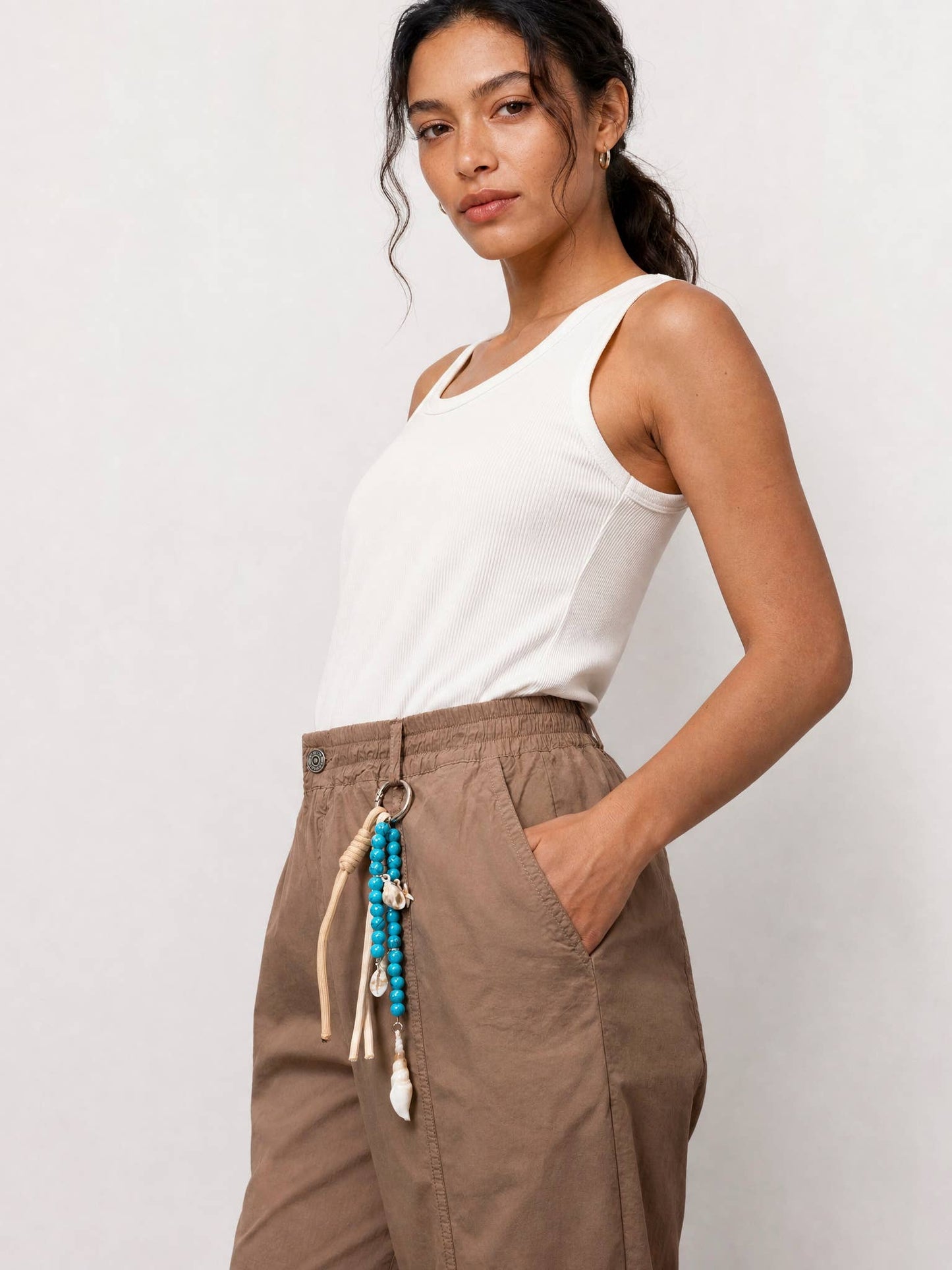 Elastic-waist cotton pants : Marron
