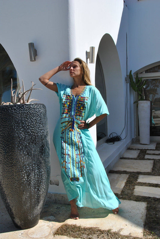 Turquoise Egyptian Cotton Embroidered Kaftan- One size fits most.