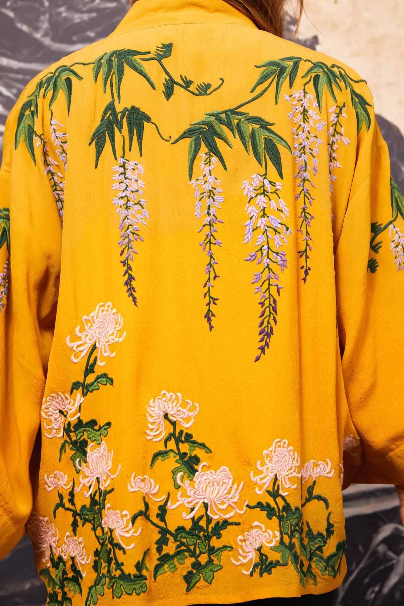 Wisteria & Chrysanthemum Embroidered Mustard Fully Lined Short Kimono: One Size