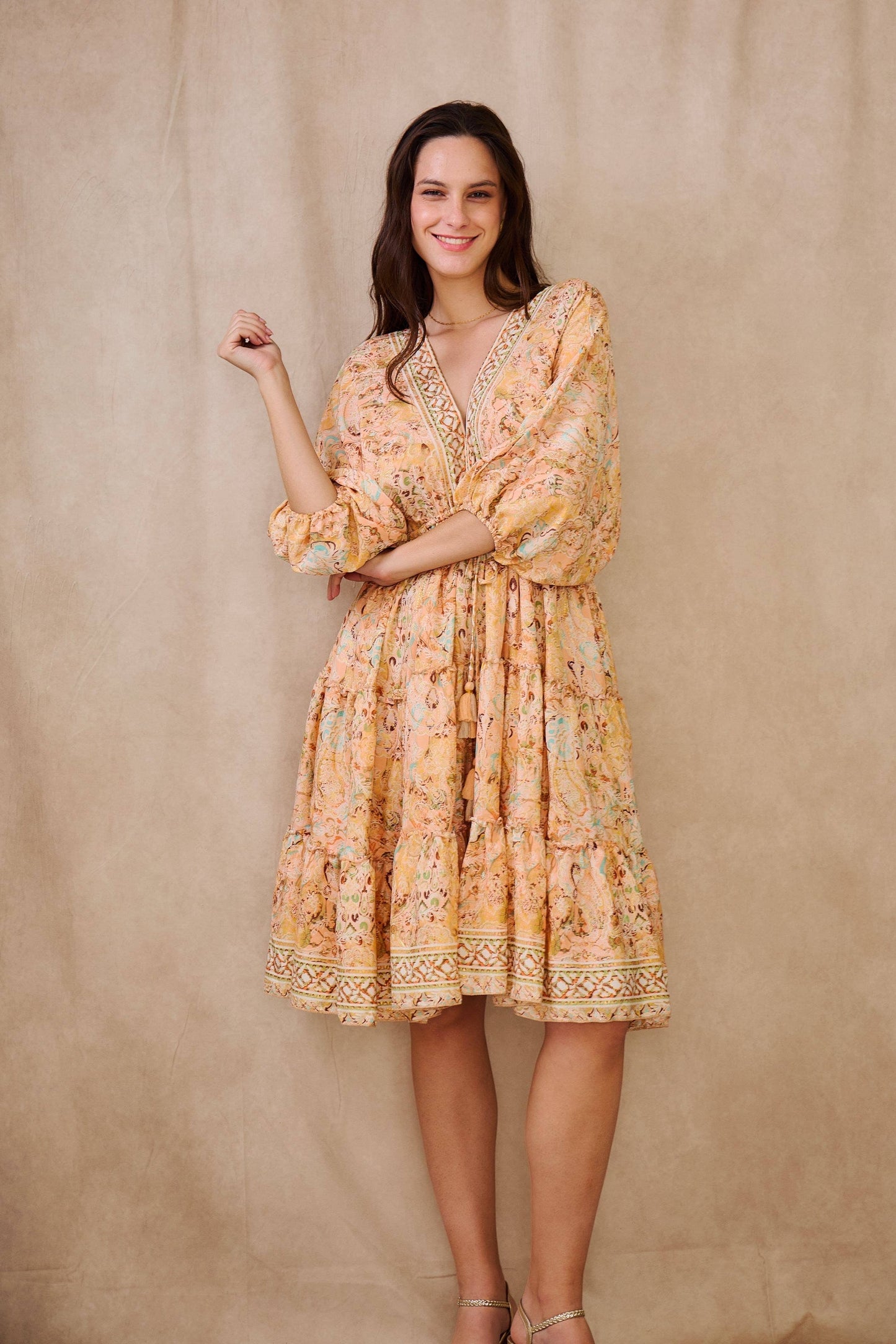 Short A-line silk dress with Pastel print -  One size