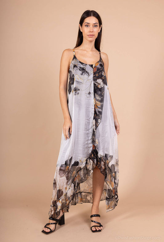 Floral ruffled silk viscose dress - fits S to M