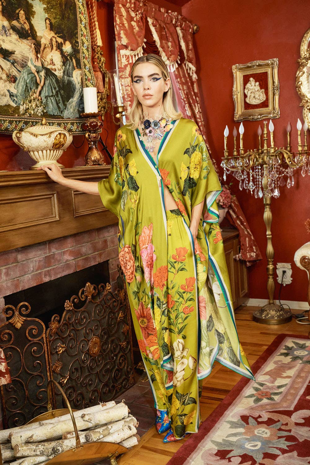 French Riviera Hand-Beaded Kimono / Topper: Olive Floral / One Size
