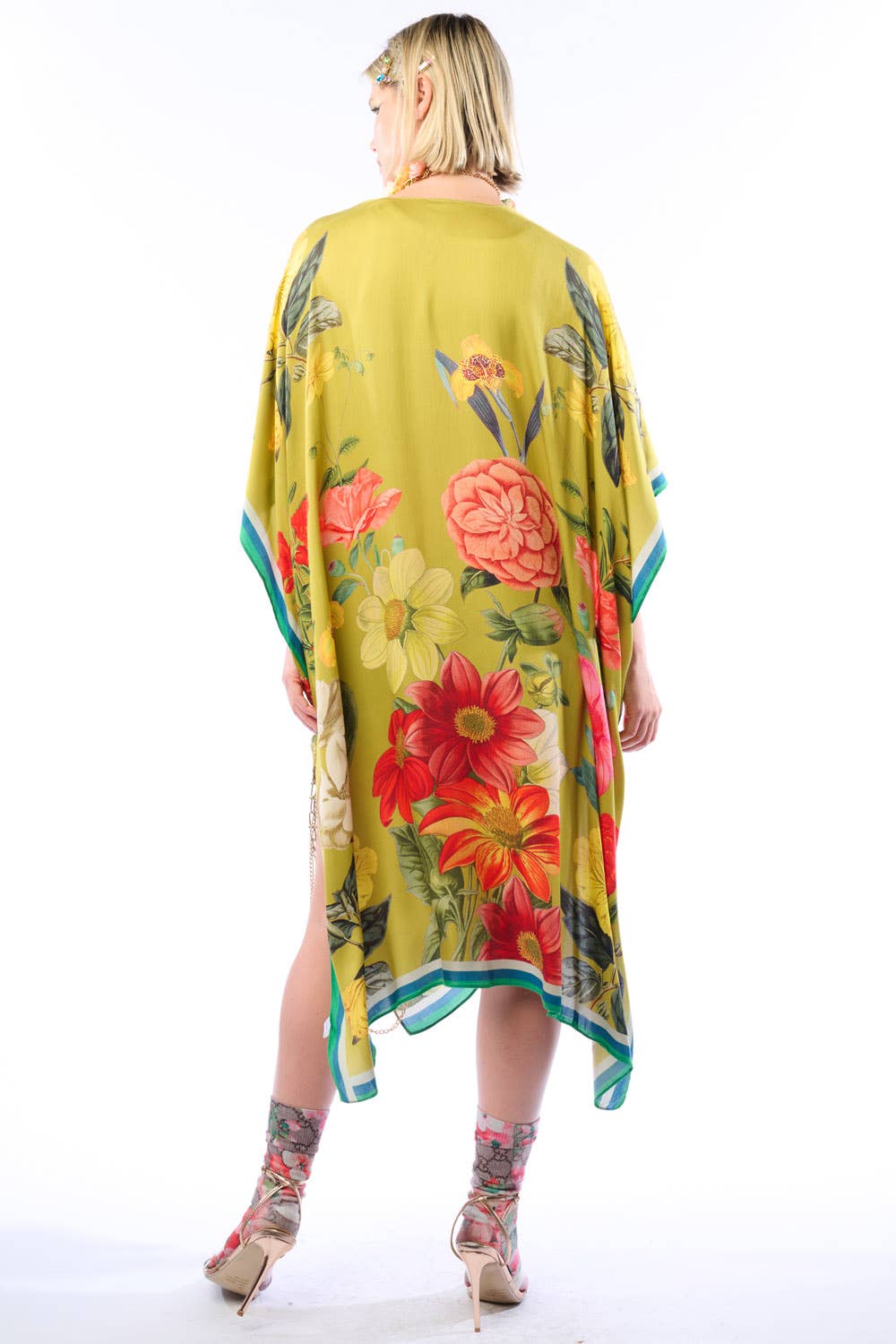 French Riviera Hand-Beaded Kimono / Topper: Olive Floral / One Size