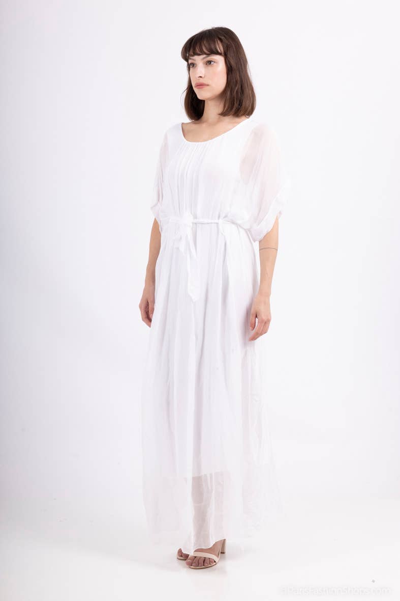 Long Silk Dress - 50% silk - 50% viscose / White / One size