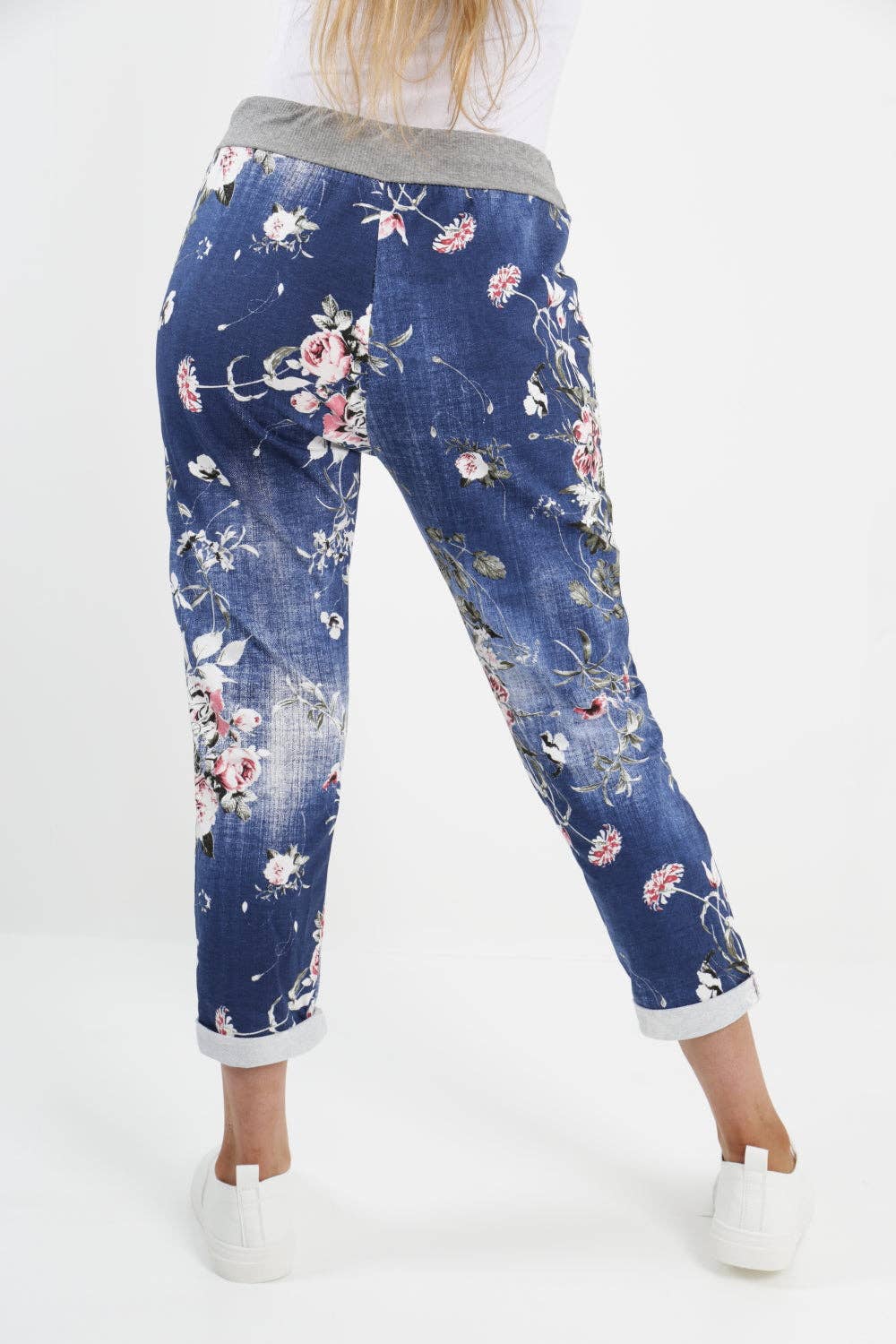Italian  Floral Cotton Stretch Jean/Jogger: Dark Wash / One Size ( 12-14)