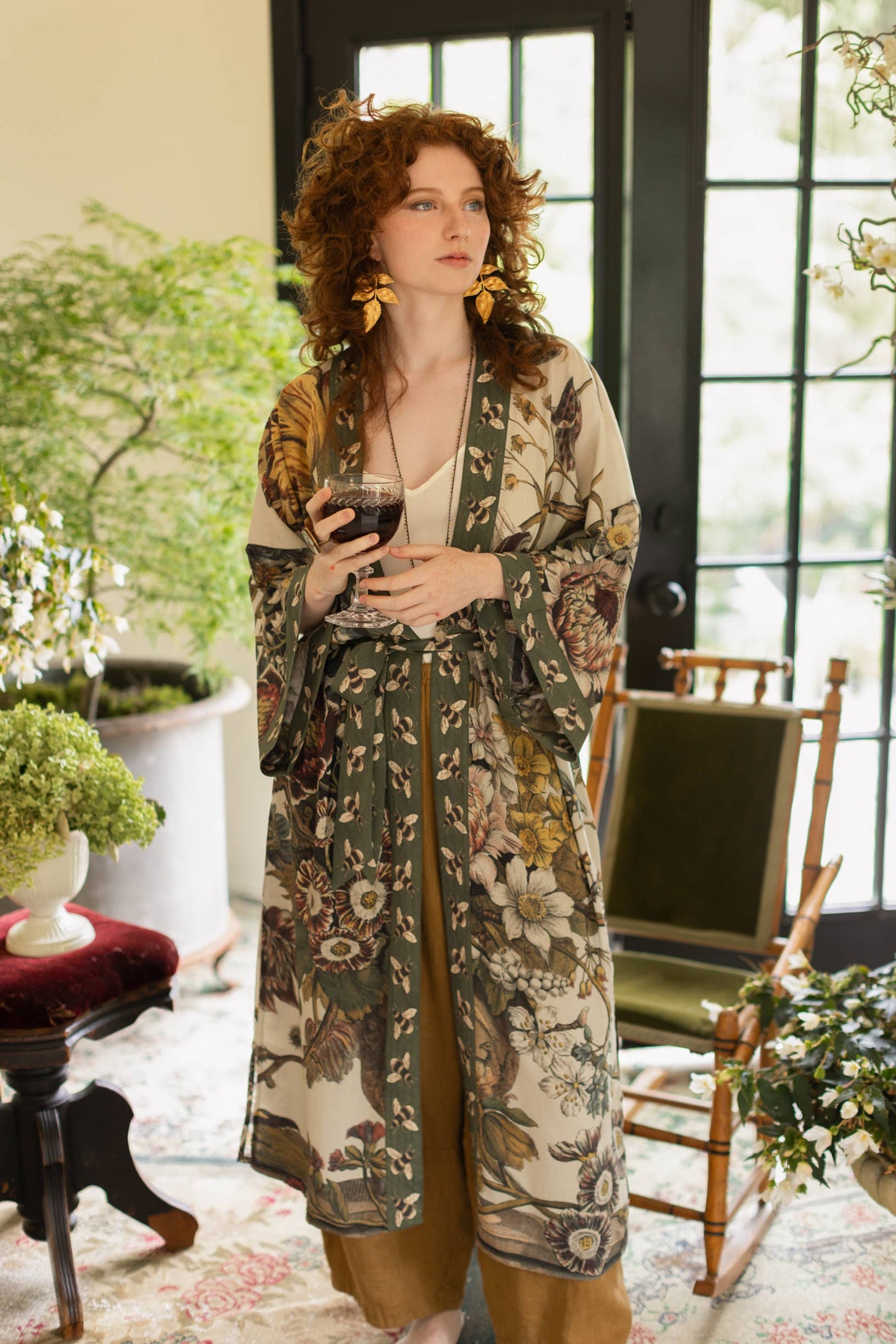 Love Grows Wild Floral Bamboo Kimono Duster Robe with Bees