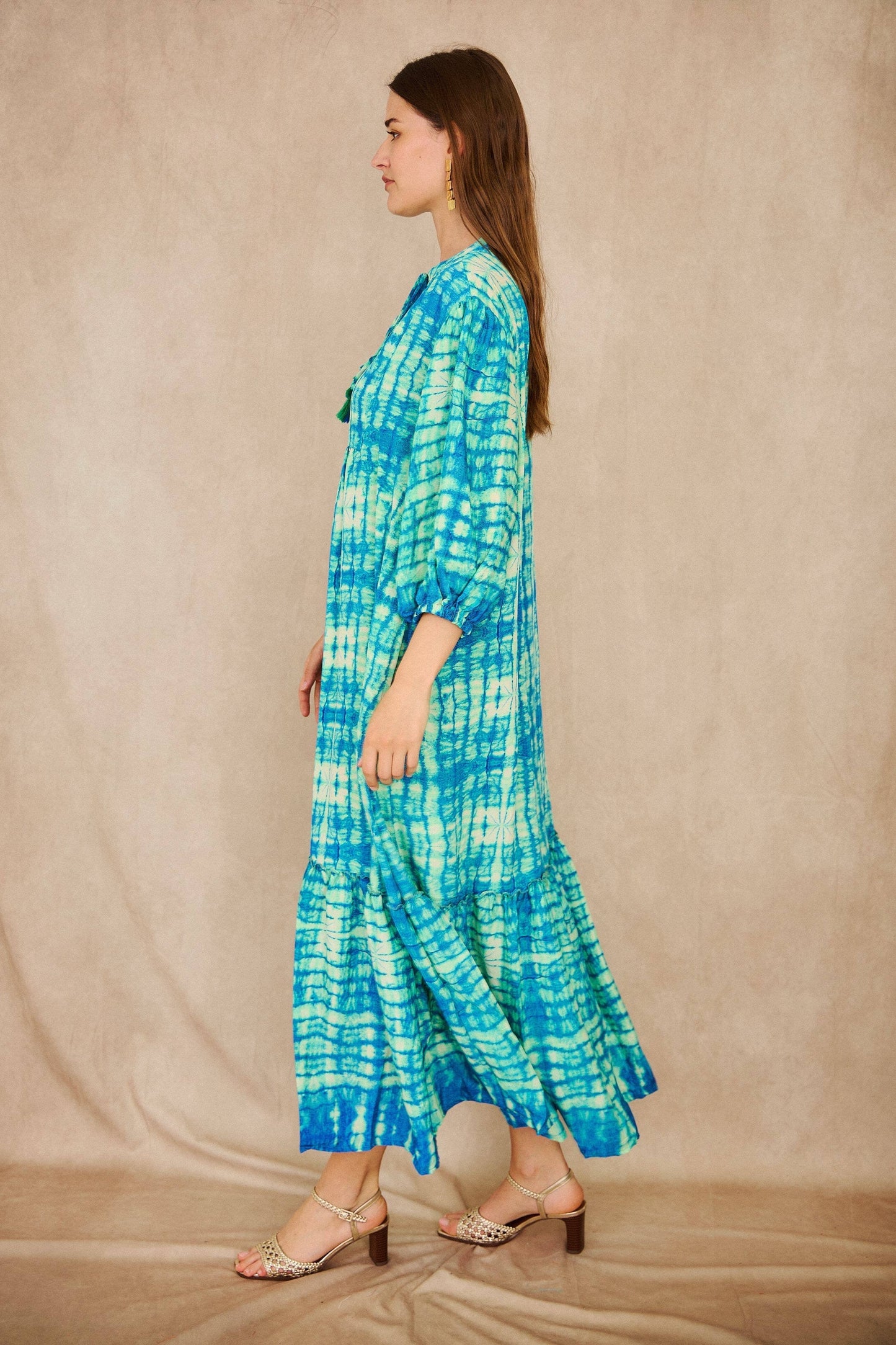 Patterned Aqua silk long dress -One size