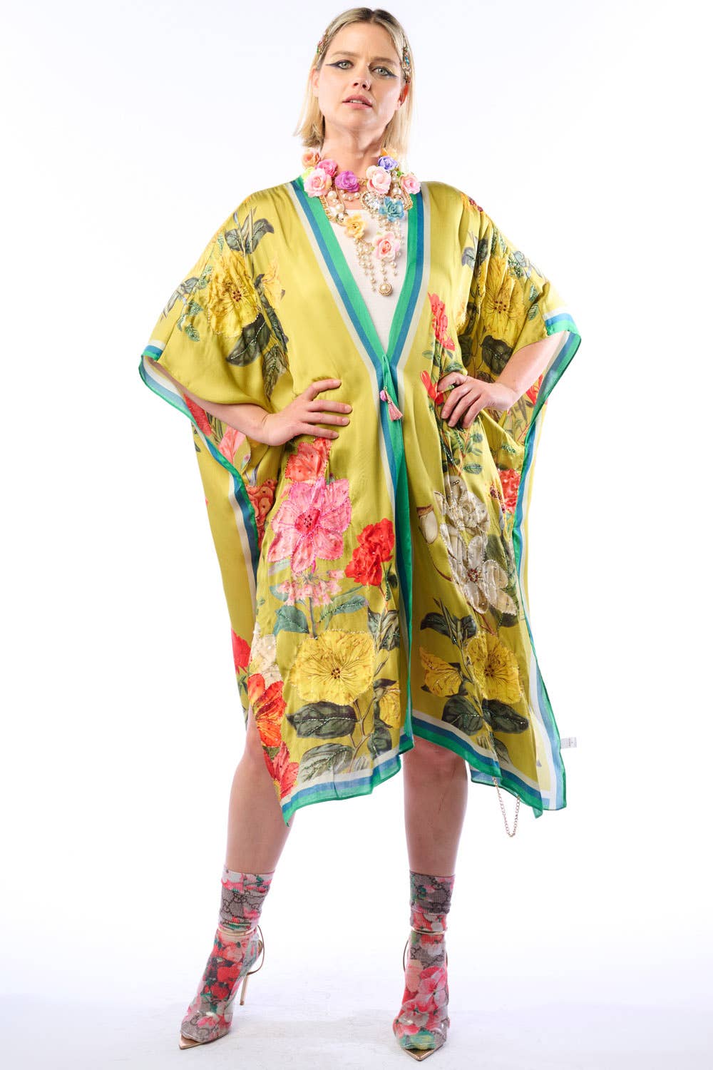 French Riviera Hand-Beaded Kimono / Topper: Olive Floral / One Size