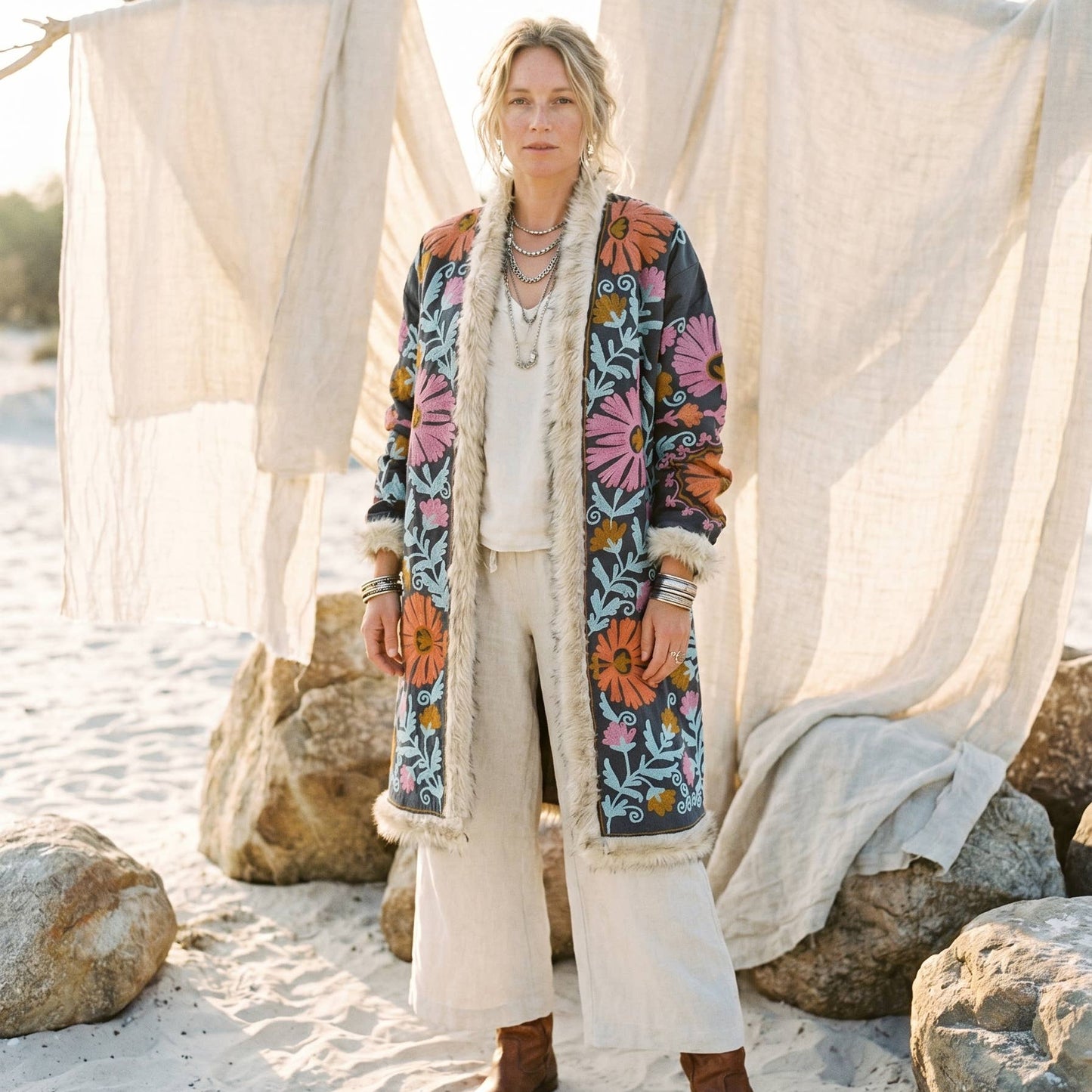 Embroidered LongCoat Velvet Faux-Fur Trim 70s Style