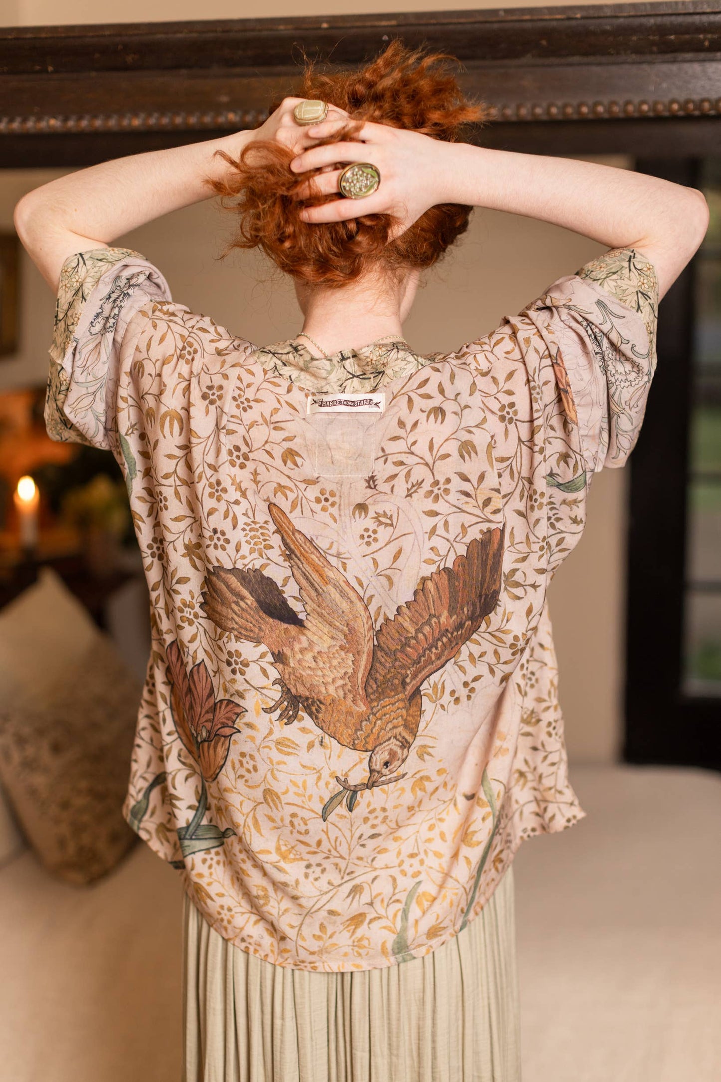 Folklore Bamboo Floral Cropped Kimono with Bird of Peace