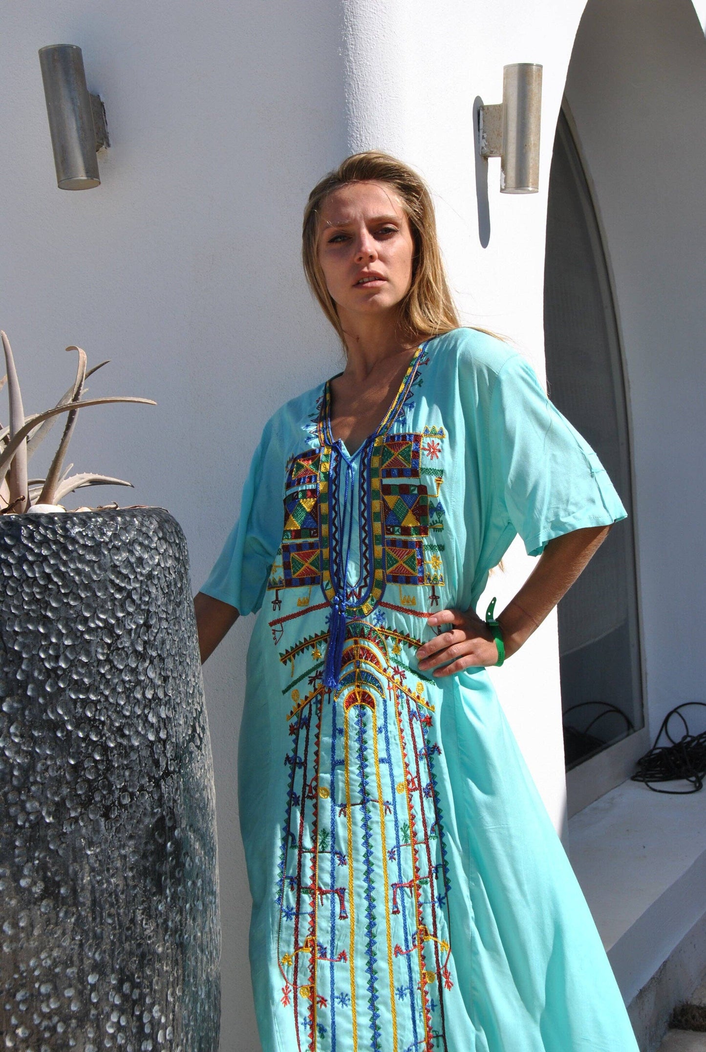 Turquoise Egyptian Cotton Embroidered Kaftan- One size fits most.