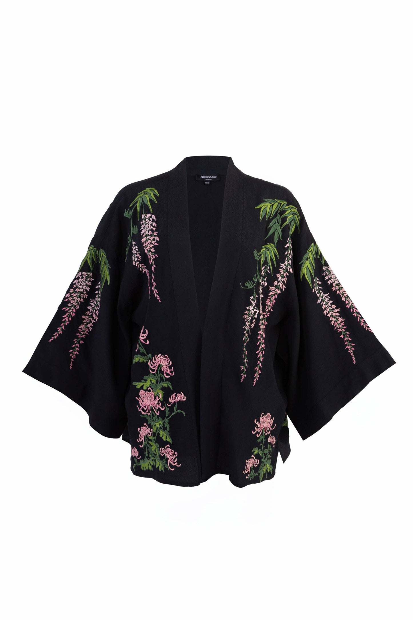 Wisteria & Chrysanthemum Embroidered Black & Pink Fully Lined Short Kimono: One Size