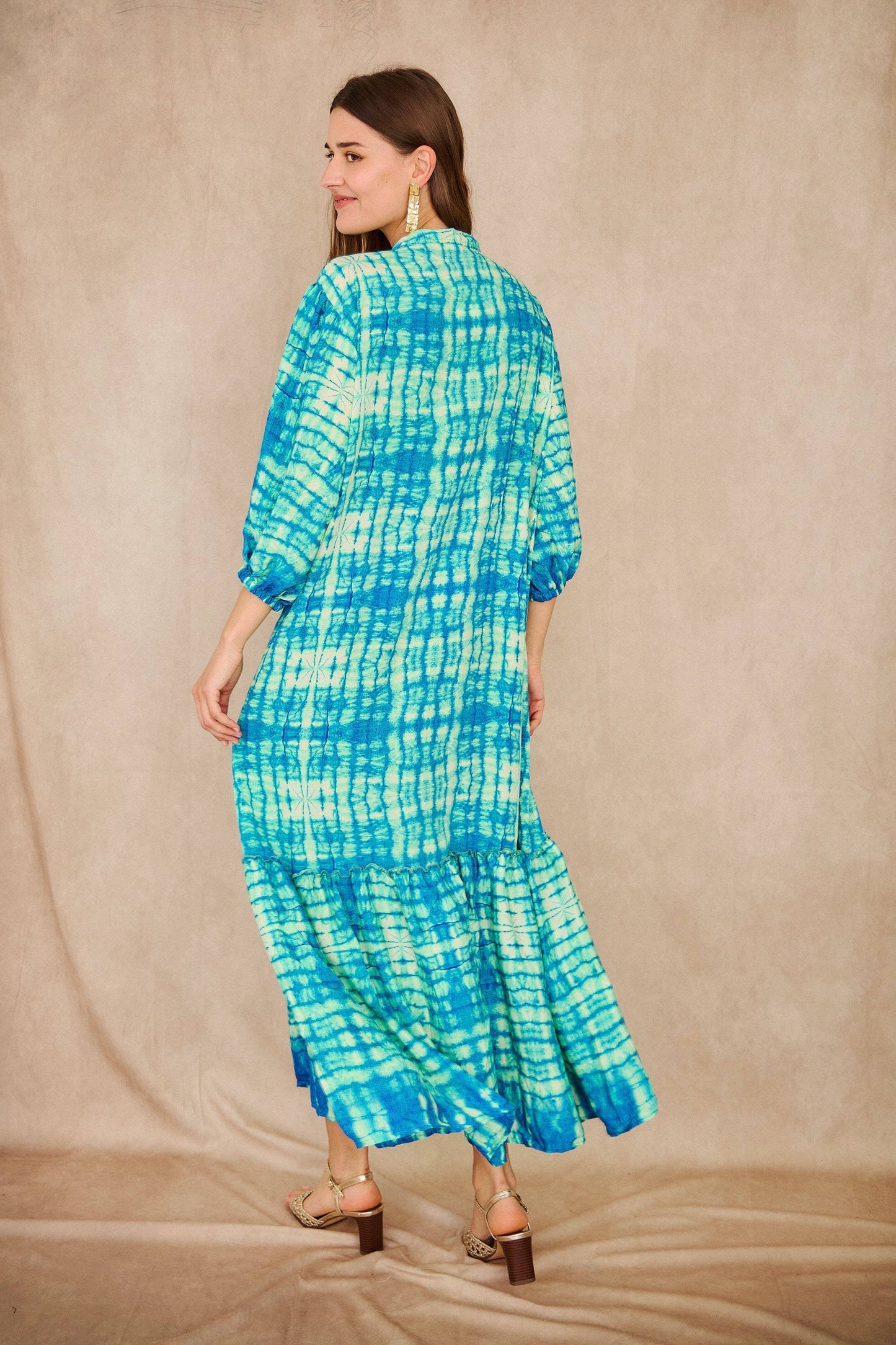 Patterned Aqua silk long dress -One size