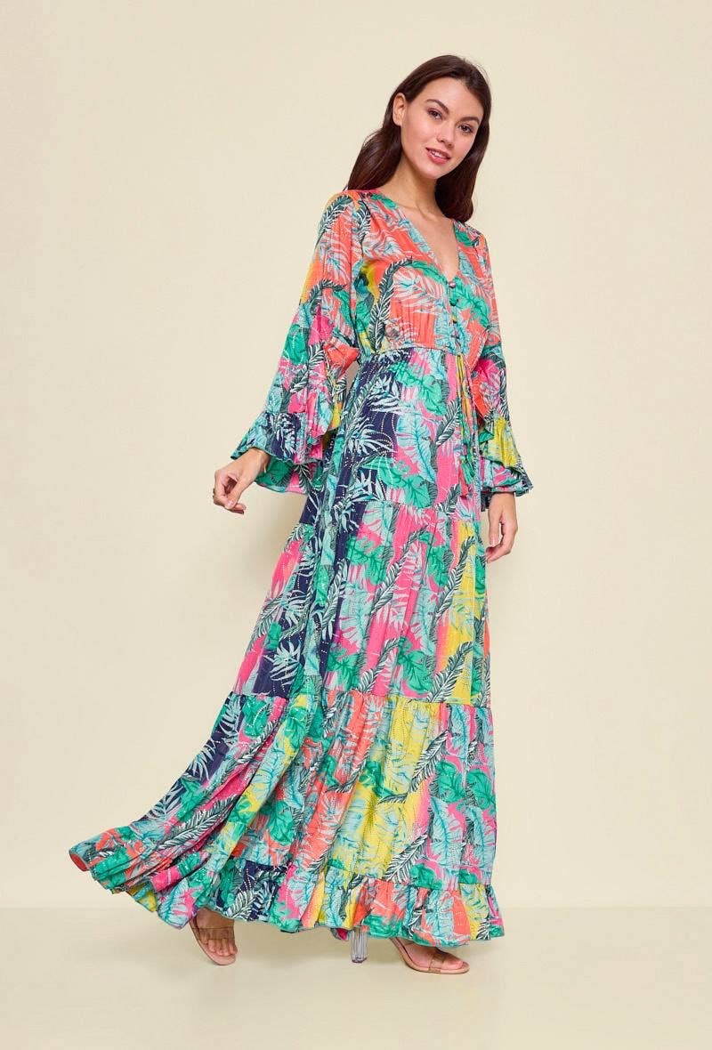 Bohemian tropical print silk long dress