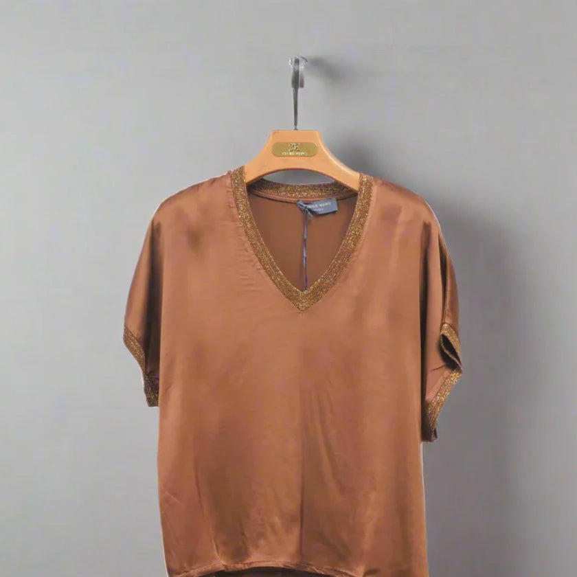 V-neck tunic in fluid satin – Bronze