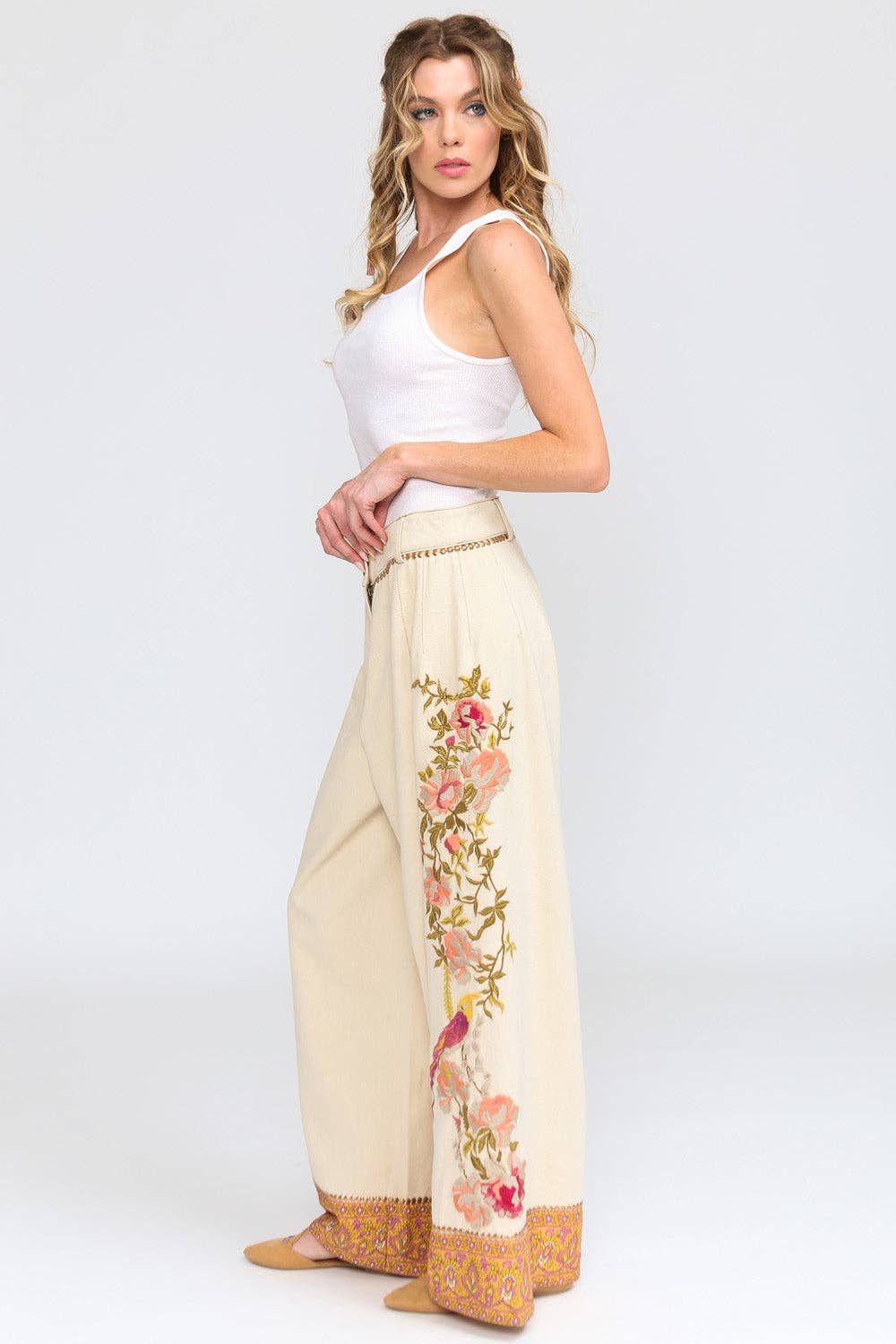 Time To Shine Denim Pants | Wide Leg Pants | Floral Pants: Cream / Small