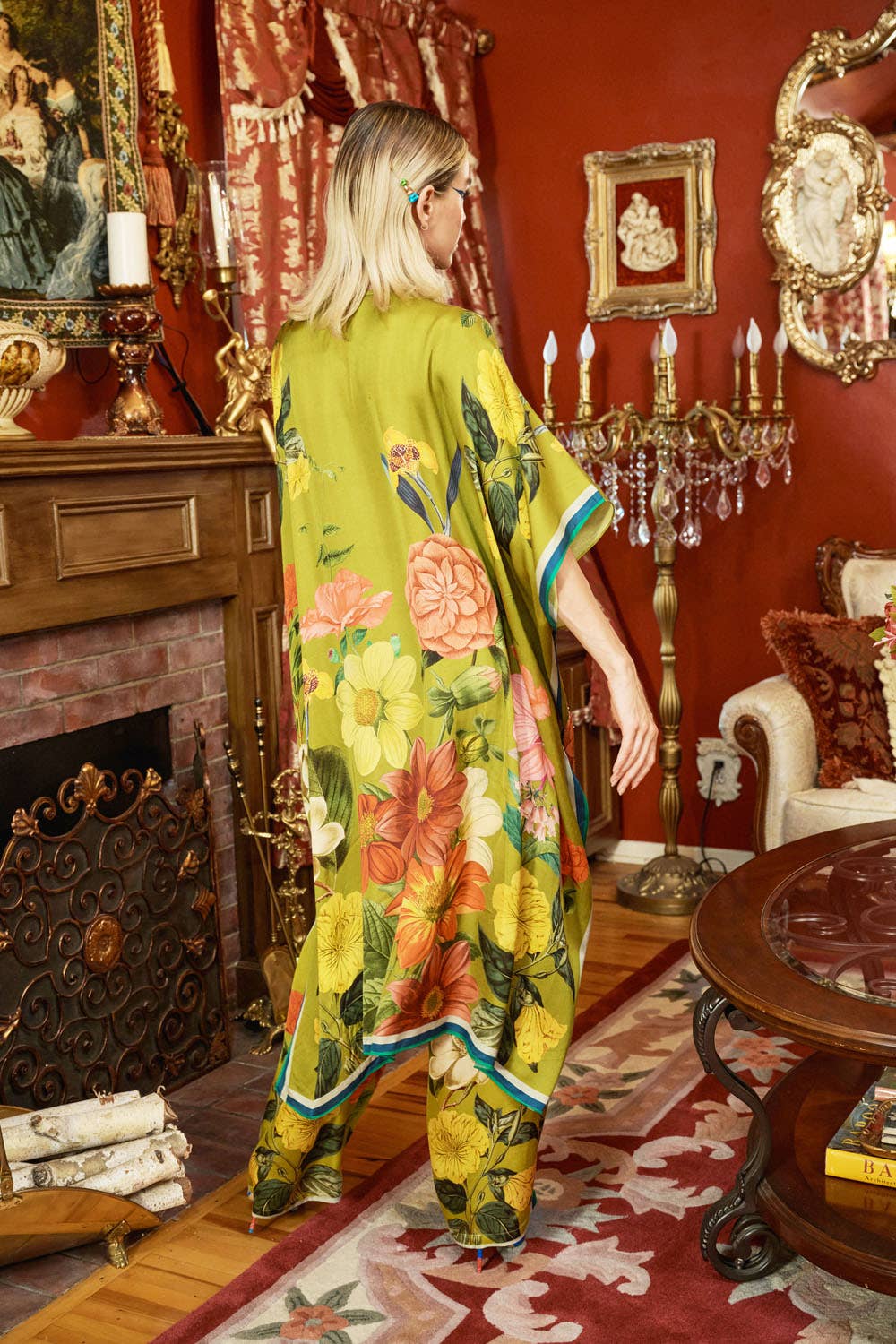 French Riviera Hand-Beaded Kimono / Topper: Olive Floral / One Size