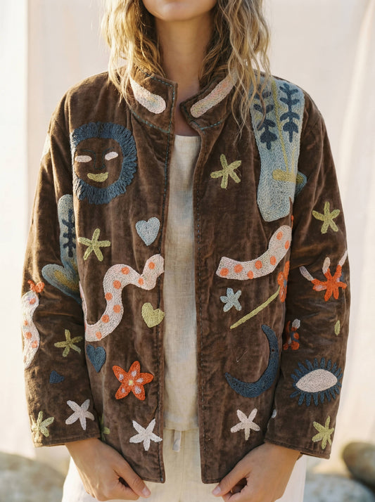 Appliqué Velvet Jacket – Snake & Celestial Embroidery: Brown