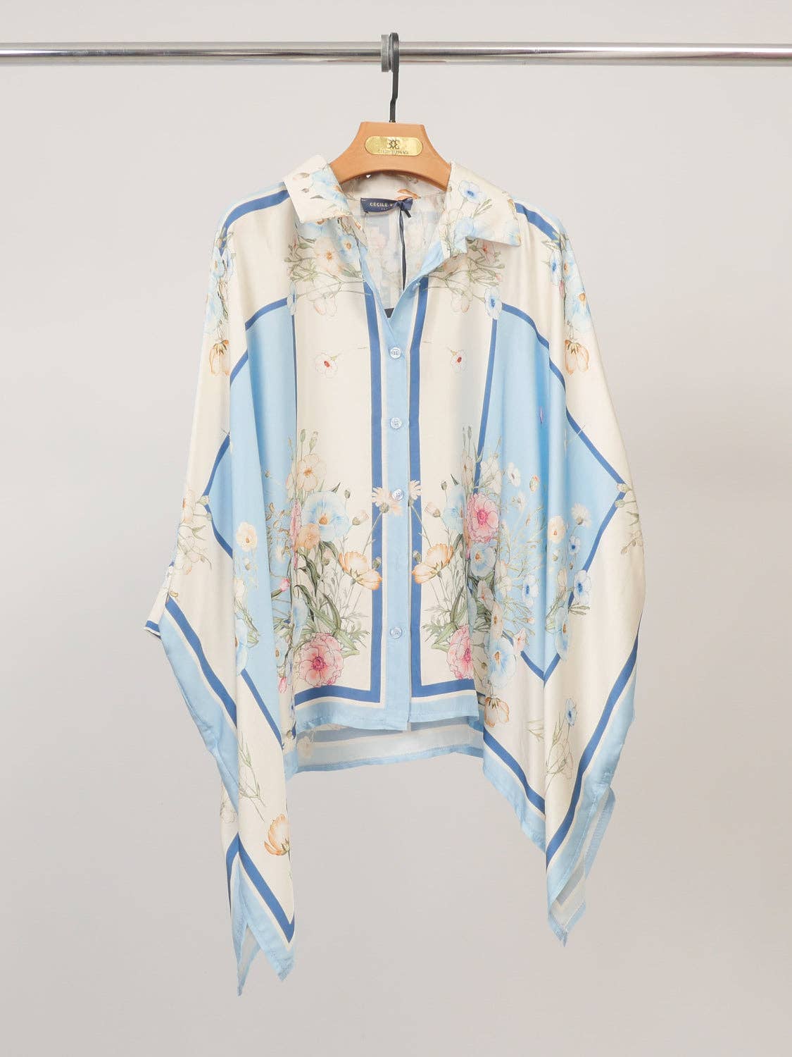 Satin floral-print shirt with wide sleeves -One Size