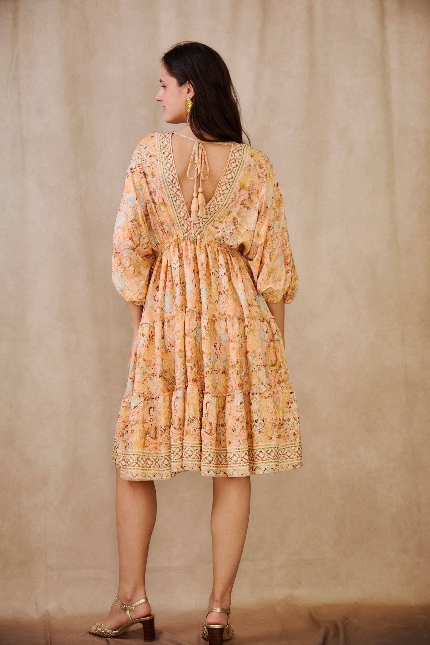 Short A-line silk dress with Pastel print -  One size