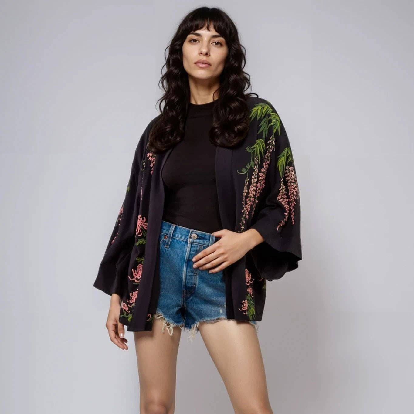 Wisteria & Chrysanthemum Embroidered Black & Pink Fully Lined Short Kimono: One Size